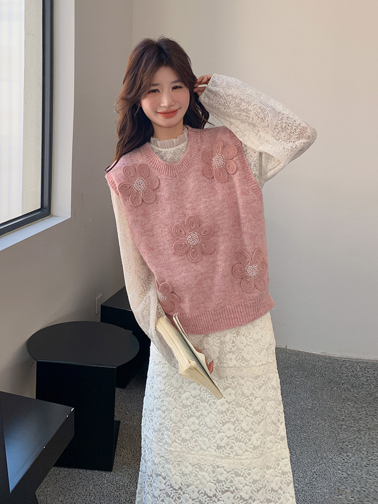 粉色甜美针织花朵马甲套装女2025春秋新款韩系气质显瘦减龄两件套,女装马甲,维壹