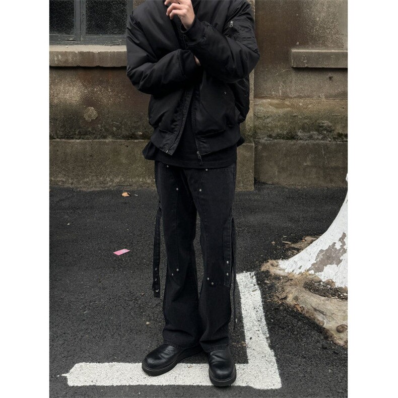 美式hiphop裤子高街vibe交叉绑带牛仔裤修身直筒微喇叭裤,男装牛仔裤,星座310A-4