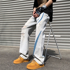 抖音品质美潮设计感高街破洞撞色洗水牛仔裤313A-1-NZ039-P65控78，男装牛仔裤，星座808A-1