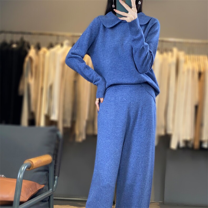 时尚显瘦大翻领针织套装女秋冬季新款气质百搭宽松两件套毛衣裤,女装套装/套裙,宛庄羊绒