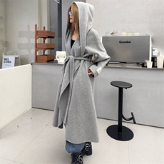 高端连帽系带羊驼绒羊毛大衣女2025秋冬长款女宽松慵懒双面呢外套，女装双面呢大衣，蒙绒特
