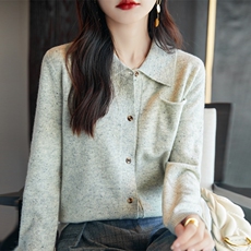 秋冬100%纯羊毛针织衬衫女外套POLO领打底毛衣开衫翻领外搭上衣，女装羊毛衫，昭美羊绒