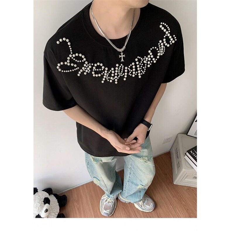 美式复古钉珠短袖T恤男小众夏季潮牌高级感宽松休闲上衣YW231P42,男装T恤,星座1013-1