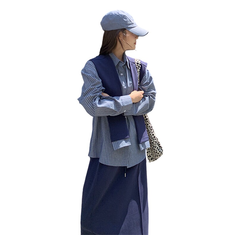 2025春夏季新款韩系休闲衬衫半身裙套装女复古披肩条纹上衣两件套,女装套装/套裙,2C291