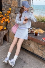 灰色休闲运动套装女早春miu系学院风蝴蝶结卫衣衬衫半身裙三件套，女装套装/套裙，纯色衣恋