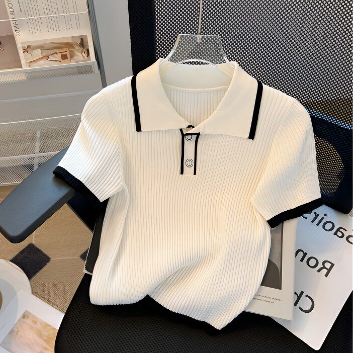 夏季新款简约百搭女士抽条黑白短袖图片