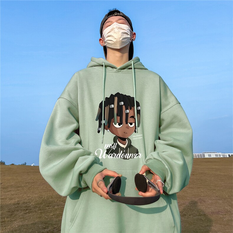 ！秋季重磅宽松大码港风黑人头印花连帽卫衣LW133-特p35,男装卫衣,星座508（原C305）