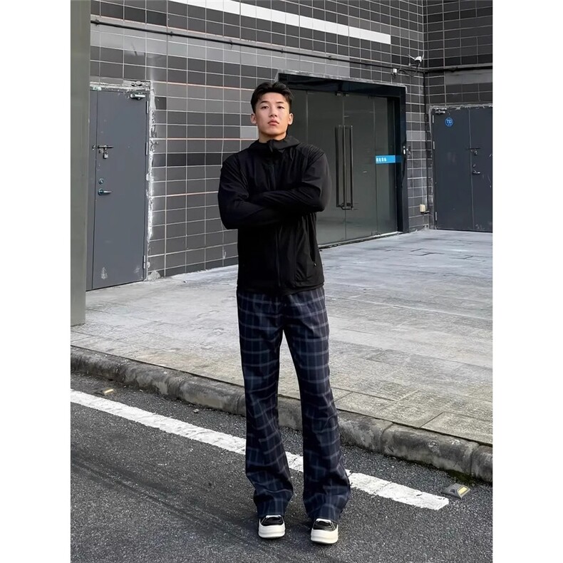 慵懒风格子裤男夏季薄款美式高街微喇裤子窄版弯刀直筒裤，男装休闲裤，星座506A