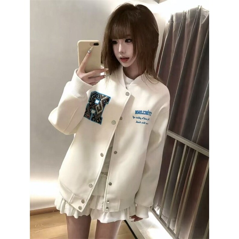 潮牌美式迷宫格贴布字母棒球服外套女春秋季学院风情侣开春夹克,男装夹克,星座506A