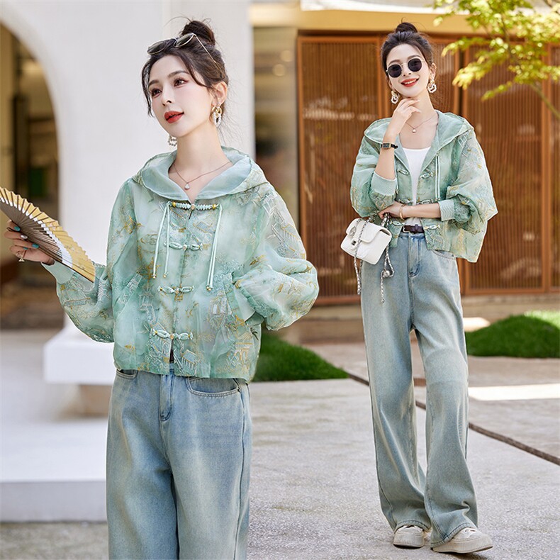 夏季休闲新中式国风刺绣短款外套时尚宽松薄款防晒衣长袖开衫上衣，女装防晒衣，关键词