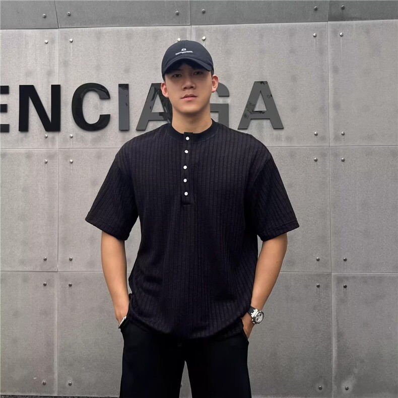 肌理褶皱软糯感半袖老钱风亨利领短袖t恤修身上衣竖条纹设计感T恤,男装T恤,星座506A