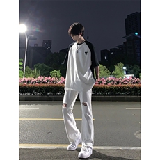 B221美式ins高街简约小众设计毛边破洞牛仔裤LK23067-P60控78，男装牛仔裤，电商B221