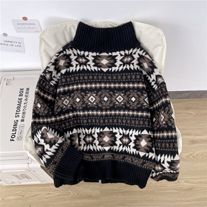 费尔岛撞色拼接提花立领毛衣男年秋冬新款休闲针织衫MY474 P60图片