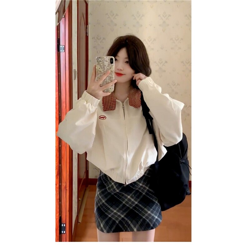 韩系超好看刺绣格纹夹克外套女秋季新款复古宽松休闲短款棒球服潮,男装夹克,星座1210-1
