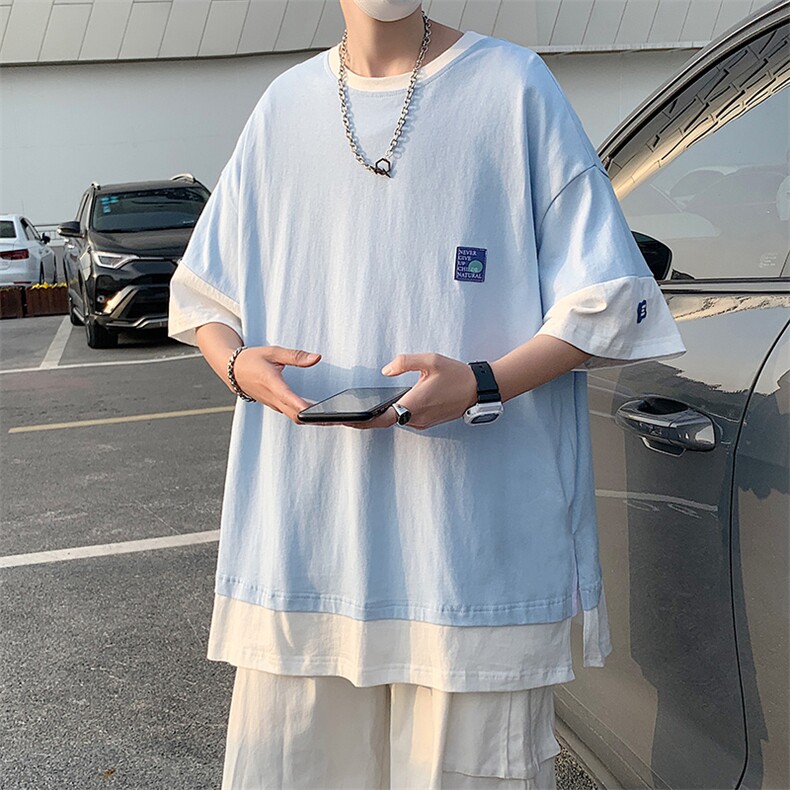 短袖T恤男夏季假两件潮牌宽松圆领青少年情侣款运动休闲短袖上衣,男装T恤,星座1013