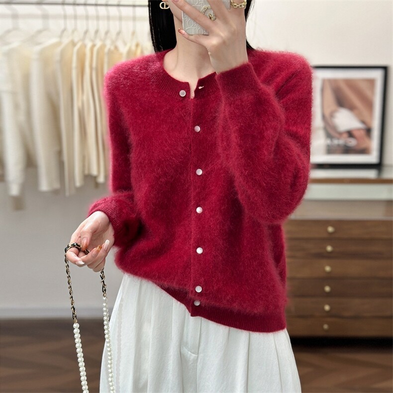 2025年秋季时尚百搭通勤简约休闲圆领拉绒开衫，女装羊绒衫，仟禧羊绒