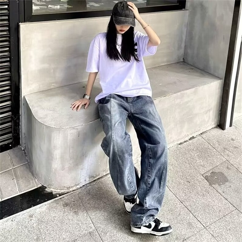 美式复古做旧牛仔裤男女春秋高街潮牌直筒宽松休闲裤子阔腿老爹裤,男装牛仔裤,星座506A