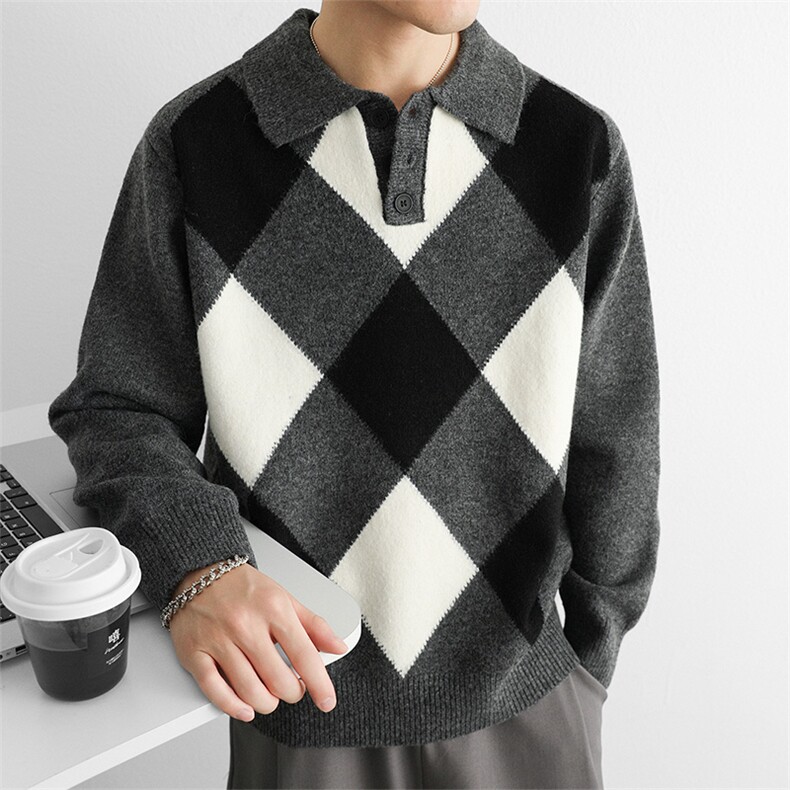 美式复古撞色格子毛衣Polo衫男2025秋冬新品加厚气质翻领休闲针织，男装Polo衫，星座914