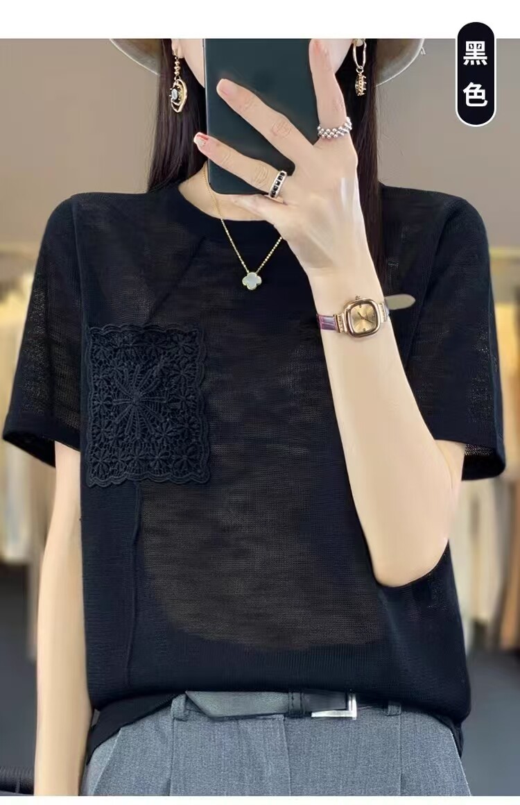夏季薄款竹节麻短袖韩版冰丝t恤女针织衫时尚上衣设计感小众外穿,女装T恤,德尔信羊绒