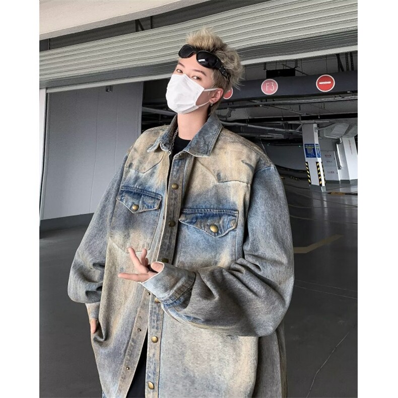 复古蓝牛仔衬衫外套男废土风重磅外套做旧宽松休闲长袖春秋季衬衣,男装衬衫,星座601-2