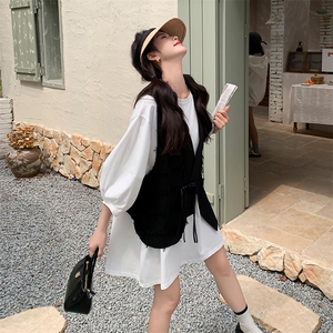 新中式黑色流苏马甲套装女2024春秋季新款显瘦灯笼袖短裙两件套图片