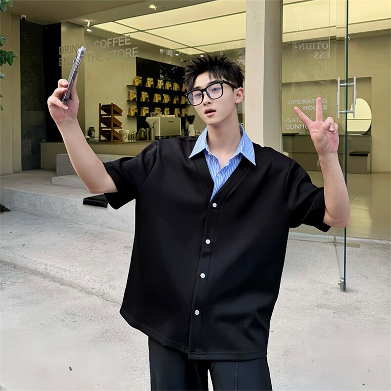 2025夏季韩系假两件男士撞色条纹Polo衫小众高级感短袖T恤D01/P75图片