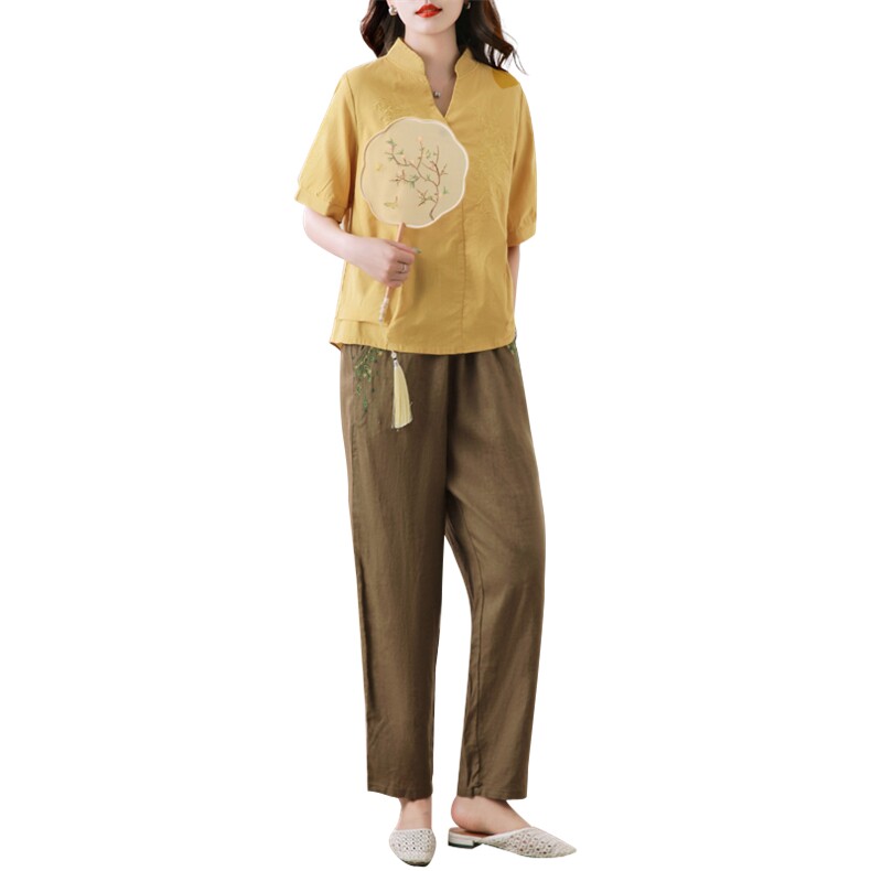棉麻套装女2023夏季新款宽松休闲中年妈妈洋气减龄刺绣亚麻两件套,女装套装/套裙,涵誉