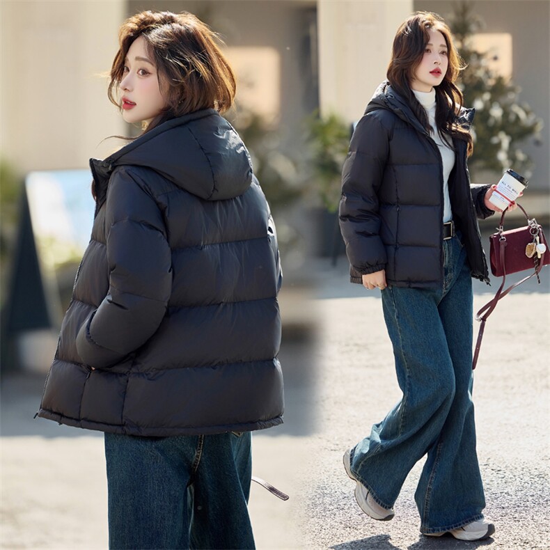 黑色百搭加厚连帽羽绒服女时尚修身显瘦5层分格冬天保暖外套,女装羽绒服,梦懿尔
