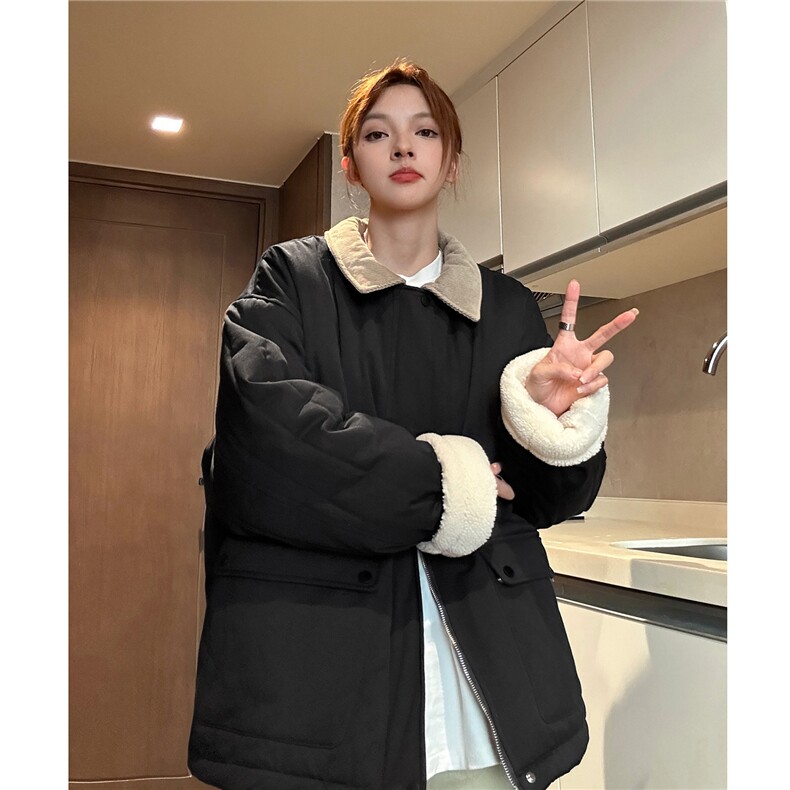 中性风撞色灯芯绒拼接领棉衣外套女宽松羊羔绒加厚棉服G1070P128,男装棉衣,电商A339
