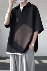 8XL-M假两件V领短袖t恤男夏翻领半袖宽松重磅华夫格大码DT001P40，男装T恤，电商B312