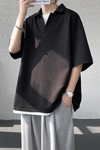8XL-M假两件V领短袖t恤男夏翻领半袖宽松重磅华夫格大码DT001P40图片