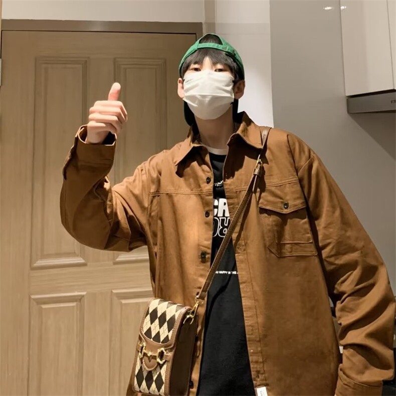 工装衬衫男长袖贴标港风潮流帅气日系2023秋夏季ins外套CY493-P41,男装衬衫,星座412-3