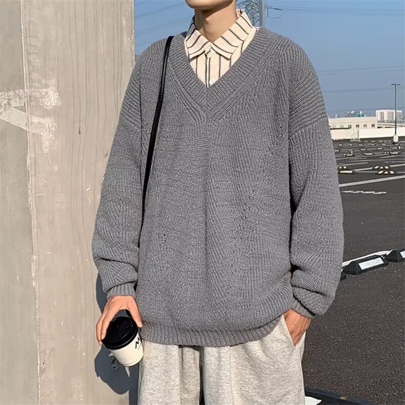 CX9884-P45 日系V领套头针织衫男秋冬季复古高级感宽松休闲毛线衣图片