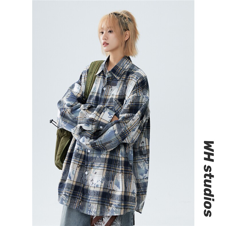 2026新款现货扎染格子衬衫痞帅长袖衬衣美式防晒情侣外套C235TP30，男装防晒衣，电商A170