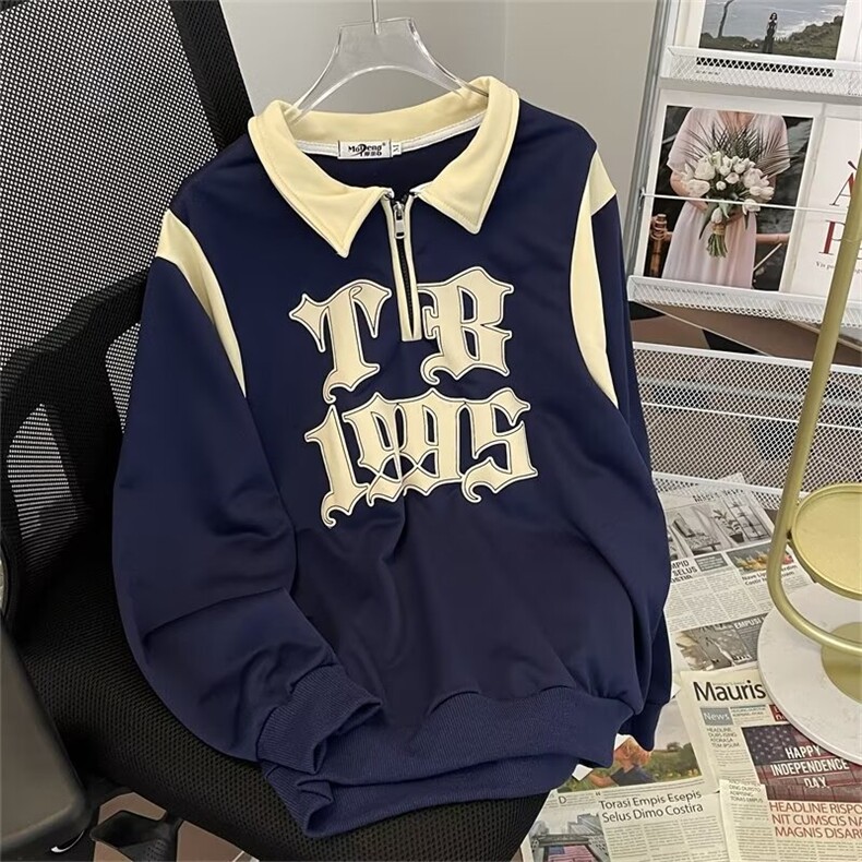 美式复古半拉链polo领卫衣男情侣装春秋季潮牌班服外套WB294-P39图片