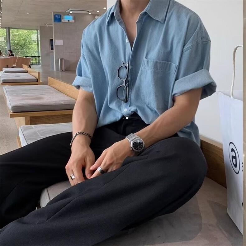 牛仔衬衫男夏季薄款韩版潮流学院风短袖衬衣ins超火百搭宽松外,男装T恤,星座302B-2