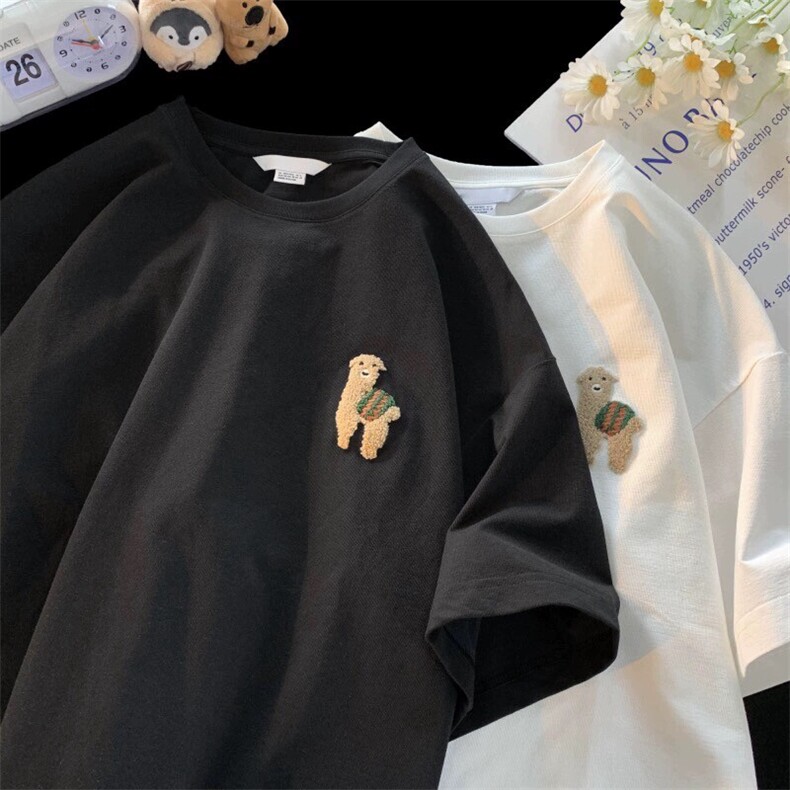 706-1-T1915-P28特P现货港风男植绒卡通羊驼刺绣短袖T恤情侣,男装T恤,星座706-1