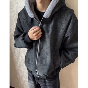 PU皮棉衣座山雕加绒夹棉连帽棉服男女冬季加绒外套 M9924图片