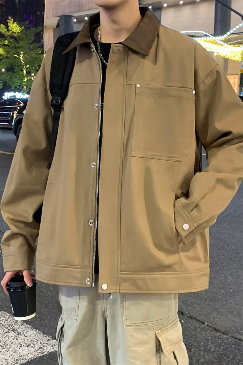 新款大货巴恩风撞色衬衫皮领宽松夹克男DSA157-1-J2520-P80,男装夹克,电商A157-1