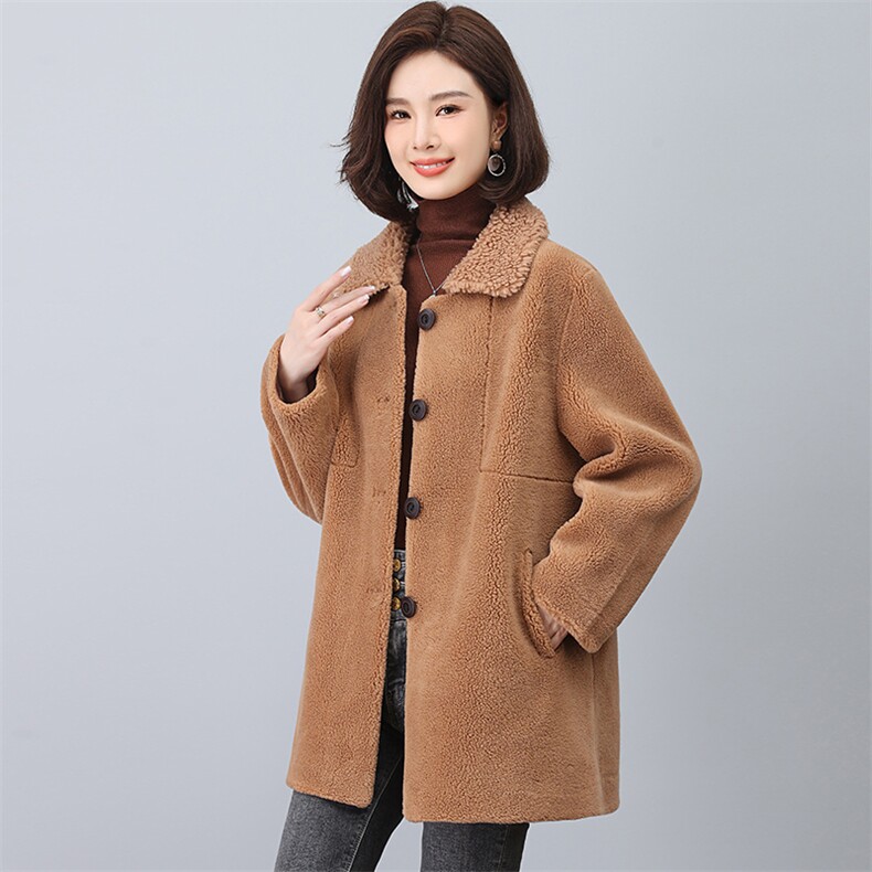 加厚外套女中长款2023秋冬新款时尚翻领单排扣仿皮毛大衣,女装大码女装,奕阳依阁