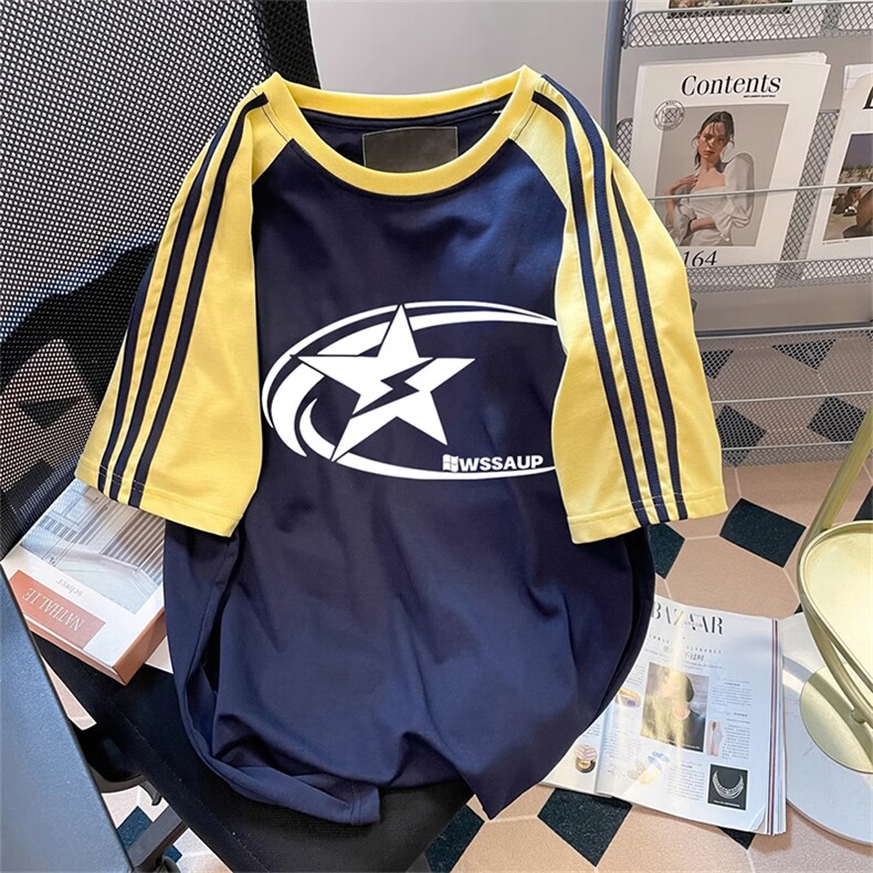 夏季美式高街重磅纯棉三条杠织带插肩撞色男女短袖T恤CZ28-特P25,男装T恤,电商A486