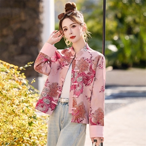 现货新中式短外套女2026春季新款高级感复古盘扣提花粉色唐装上衣图片