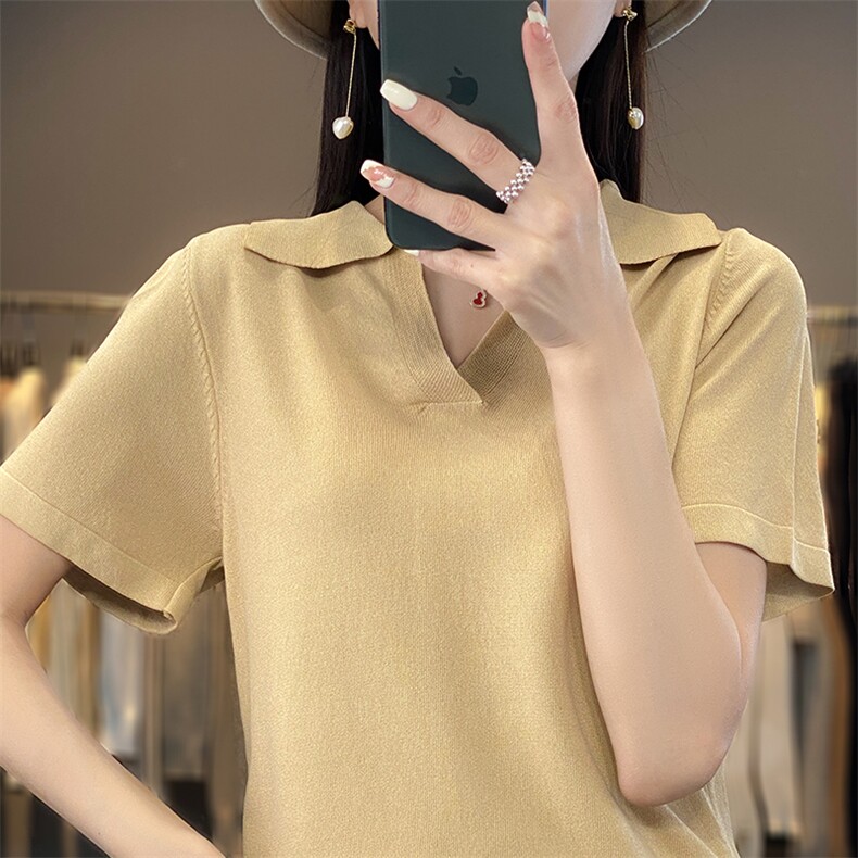 冰丝短袖T恤女2025新款气质时尚减龄针织体恤衫海军领短款薄上衣,女装T恤,思牵羊绒