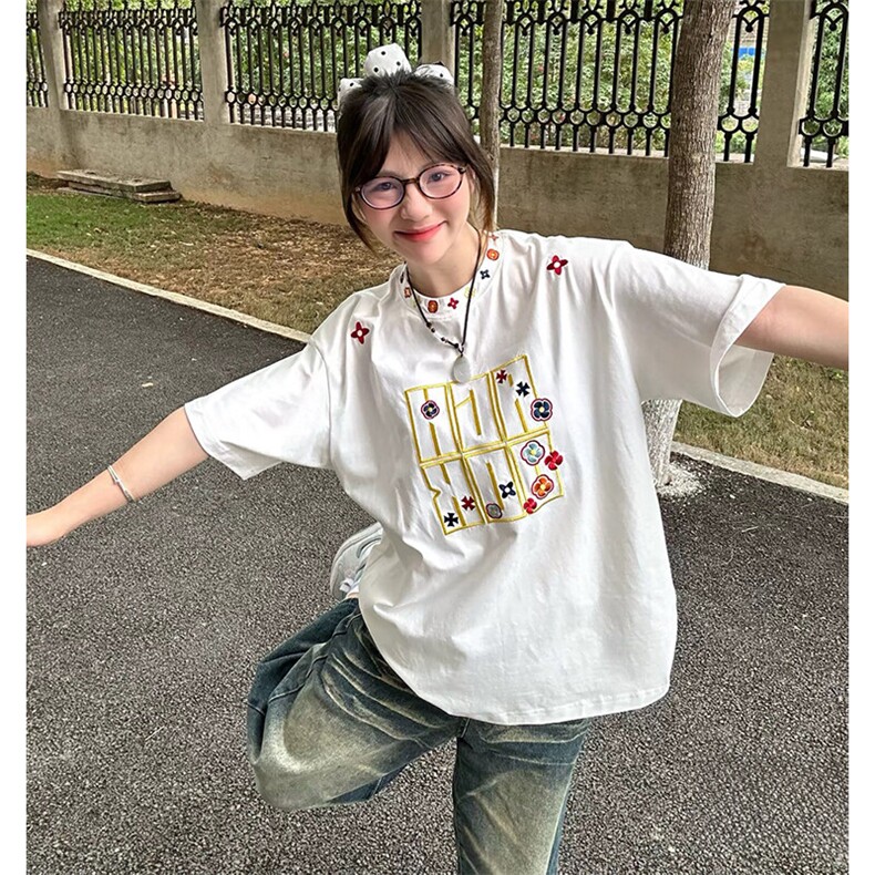万针全刺绣工艺抖音得物高品质260克重磅纯棉双纱美式高街短袖T恤,男装T恤,电商A486-1