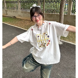 万针全刺绣工艺抖音得物高品质260克重磅纯棉双纱美式高街短袖T恤图片