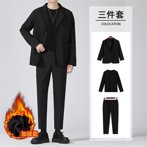 夏季新款宽松坠感西服套装男韩版潮流帅气休闲轻熟风小西装三件套图片