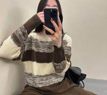 2025年秋季单件混纺彩纱宽条纹套头毛衫，女装针织衫/毛衣，臻纶羊绒