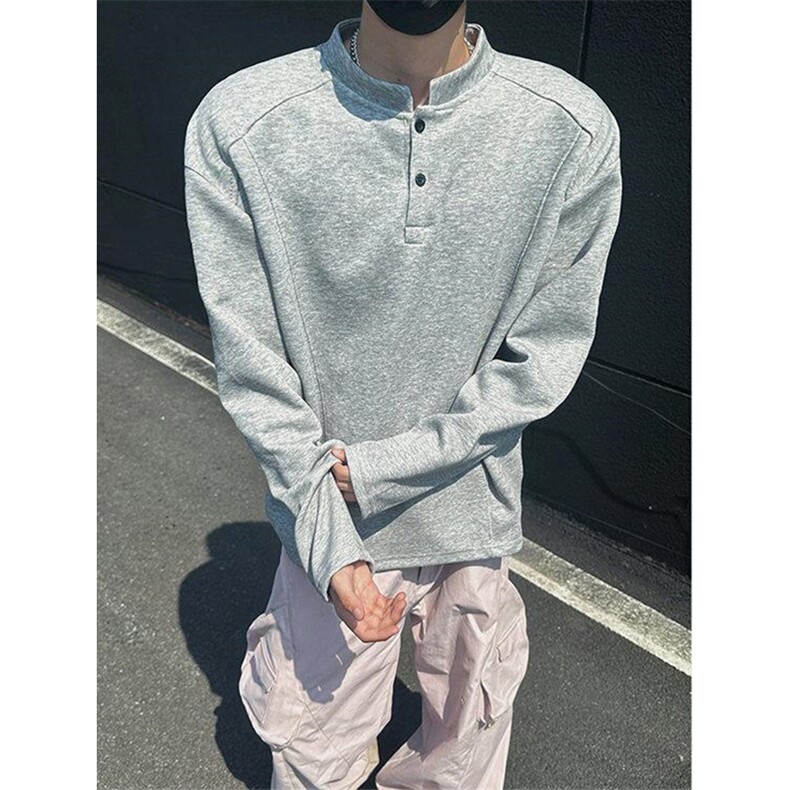 抖音得物品质美式高街重磅曼巴棉拼接cleanfit亨利领卫衣长袖T恤,男装T恤,电商A486