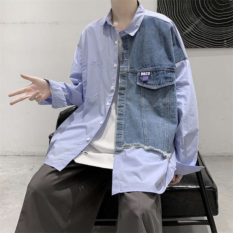 新款衬衫男宽松牛仔拼接纯=-棉休闲衬衫百搭上衣CS06图片