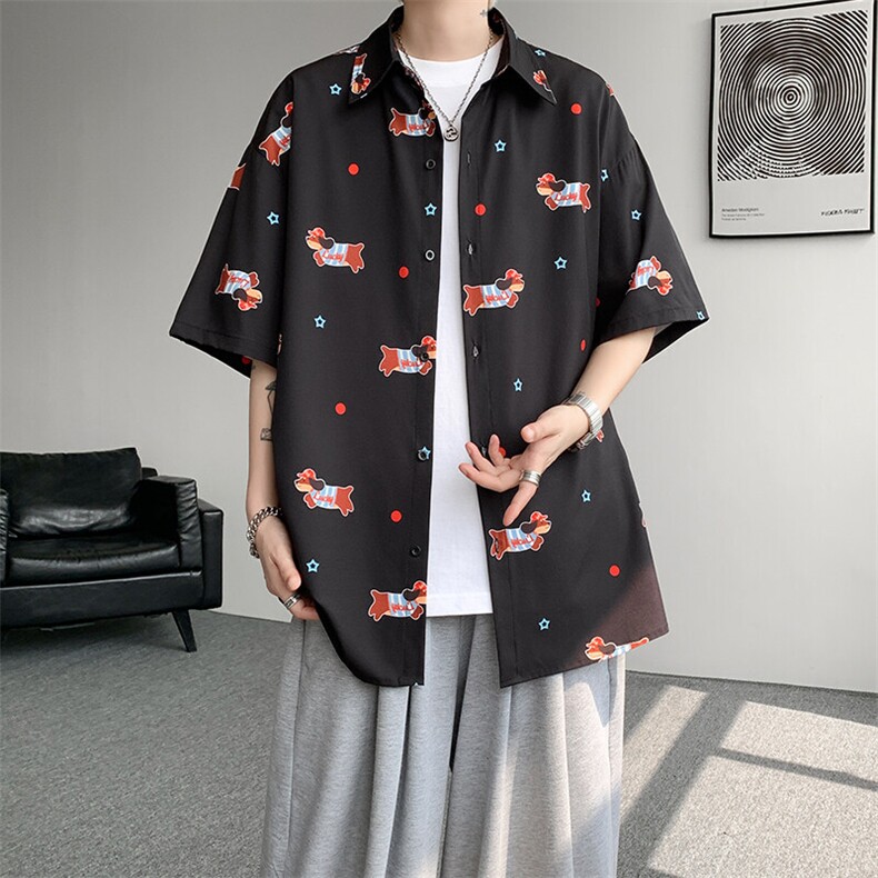 8XL-M腊肠狗花衬衫男短袖夏季冰丝薄款花衬衣寸衫外套DC28003P38,男装T恤,电商B312